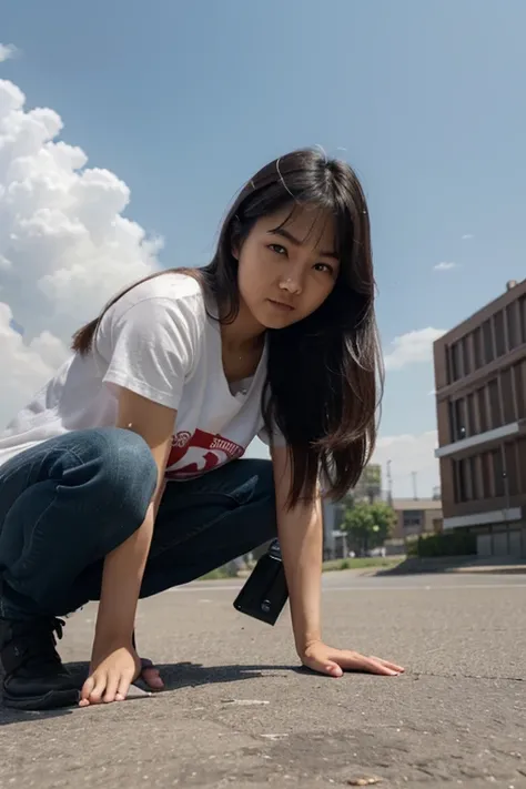 the camera on the ground looking towards the sky above the camera there is an Asian girl the camera is pointing under the girl&#39;s skirt she has no underwear you can see her vagina, The camera focuses on the girl&#39;s vagina, it is a pink-skinned vagina...