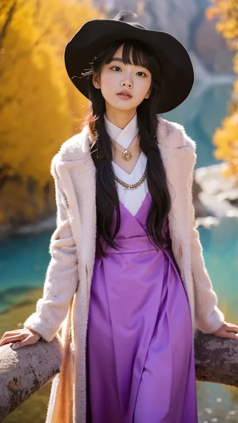 32k（masterpiece，Kilo，Hyper HD，32k）long, flowing black hair，Yellowstone，Xuzhou Girls ，Guardian of the sacred deer（Realistically：1.4），Python print robe，Purple pink tiara，Leaves flutter，The background of the canyon is pure，Hold your head high，I am proud，The n...