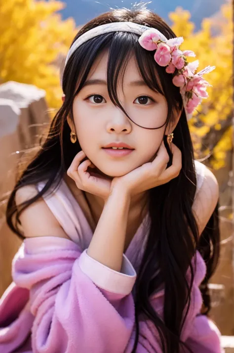 32k（masterpiece，Kilo，Hyper HD，32k）long, flowing black hair，Yellowstone，Xuzhou Girls ，Guardian of the sacred deer（Realistically：1.4），Python print robe，Purple pink tiara，Leaves flutter，The background of the canyon is pure，Hold your head high，I am proud，The n...