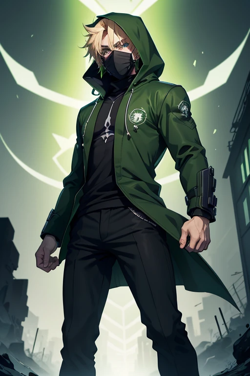 -anime style- -artwork- -super high quality- -4k- A man with blonde hair, green eyes, dressed in a large green jacket, a black t-shirt and black pants, his right arm mechanical, a mask covers his face. green demon, wearing a green hood, walking in an intim...