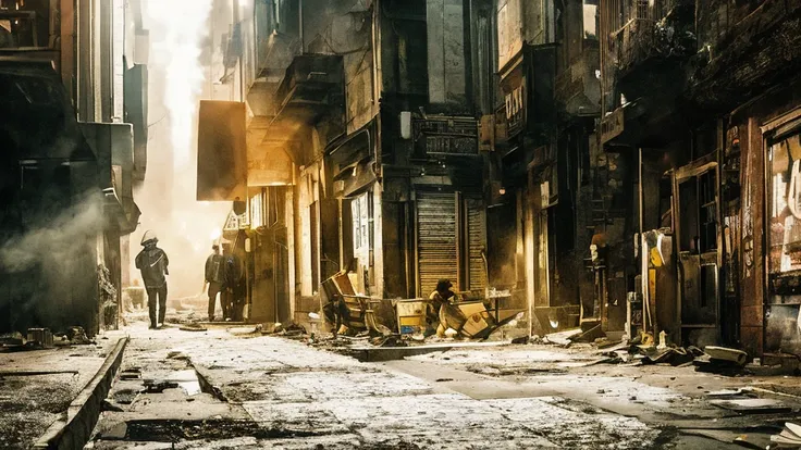 a dirty alleyway between old buildings, yellow street lamps, billowing smoke, newspapers scattered on the ground, two men arguing and gesturing, highly detailed, cinematic lighting, gritty urban setting, dramatic atmosphere, realistic rendering, award winn...