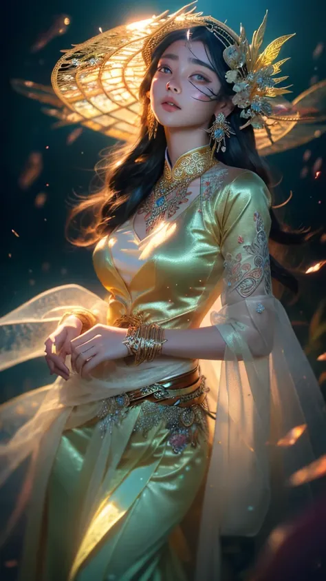 (((masterpiece))), (((highest quality))), ((Super detailed)),(Highly detailed CG illustrations), ((Very delicate and beautiful)),Cinematic Light, Create amazing fantasy art，Fairy Fantasy，Hoan Lap，myth，One girl，Hmong girl in Hmong costume， Hmong,clothing、he...