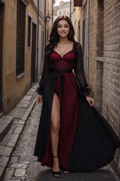 Jeune femme de 25 ans, visage fin, cheveux long, yeux marrons, HD, 8K, masterpiece, sourire romantique, sexy, tenue de flamenco, mascara noir, robe rouge et noire, jupons, robe en tissu et en dentelle, tissu rouge et noir, dans uen ruelle espagnole, de nui...