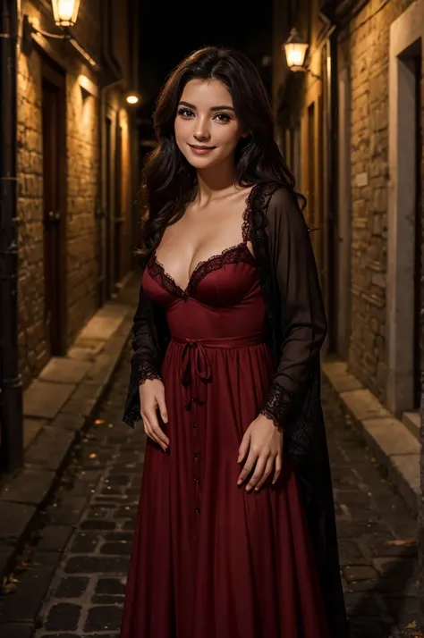 Jeune femme de 25 ans, visage fin, cheveux long, yeux marrons, HD, 8K, masterpiece, sourire romantique, sexy, tenue de flamenco, mascara noir, robe rouge et noire, jupons, robe en tissu et en dentelle, tissu rouge et noir, dans uen ruelle espagnole, de nui...