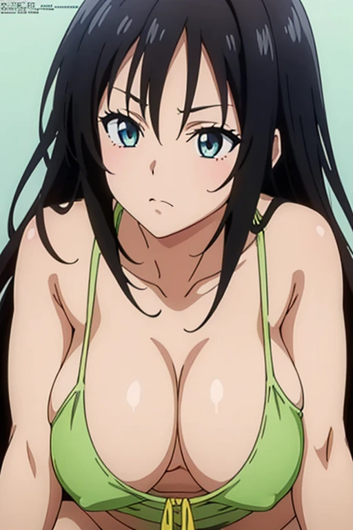 (masutepiece, Best Quality, High resolution, anime colours, megami magazine:1.2, anime poster style, anime keyvisual, sharp, 8k, photorealistic), (beautiful eyes:1.5, beautiful face), Kotegawa Yui, 1girl, solo, Cute, (Long Black Hair), (sagging huge breast...