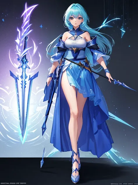 Design a layout showcase Gaming character (1girl).((showcase weapon:1.4)), magic staff, (masterpiece:1.2), (best quality), 4k, ultra-detailed, (Step by step design, layout art:1.5), (luminous lighting, atmospheric lighting)