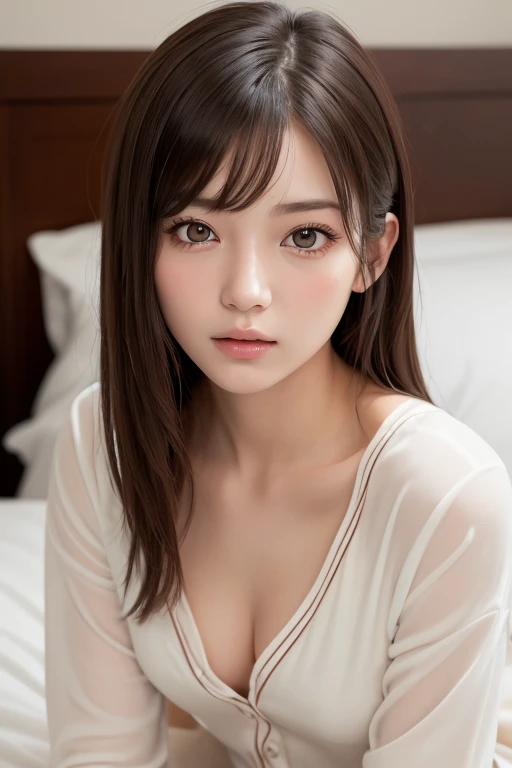 one girl, (a beauty girl, delicate girl:1.3), (18-year-old:1.3),
break, (pajamas,Unbutton:1.3、 white pajamas:1.2),
break, Very fine grain definition, (Symmetrical eyes:1.3),
break, (Lie down on the bed、Bedroom:1.3), 
break, Small breasts, Brown eyes, Parte...