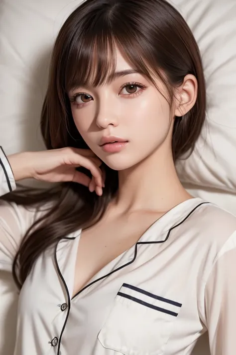 one girl, (a beauty girl, delicate girl:1.3), (18-year-old:1.3),
break, (pajamas,Unbutton:1.3、 white pajamas:1.2),
break, Very fine grain definition, (Symmetrical eyes:1.3),
break, (Lie down on the bed、Bedroom:1.3), 
break, Small breasts, Brown eyes, Parte...