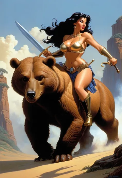 mulher araffe montada em um urso com uma espada e uma espada, inspired por Greg Hildebrandt, por Tim Hildebrandt, por Greg Hildebrandt, estilo de tim hildebrandt, por Tim e Greg Hildebrandt, frase franca de mark brooks, inspirado em Joe Jusko, pintura esti...