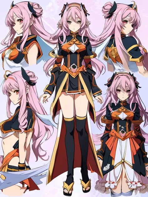 anime - style image of a character with a variety of hair and accessories, anime set style, anime character reference sheet, fantasy uniform, flat anime style, anime full body illustration, full_body!!, complete detailed body, extra detailed body, anime vt...