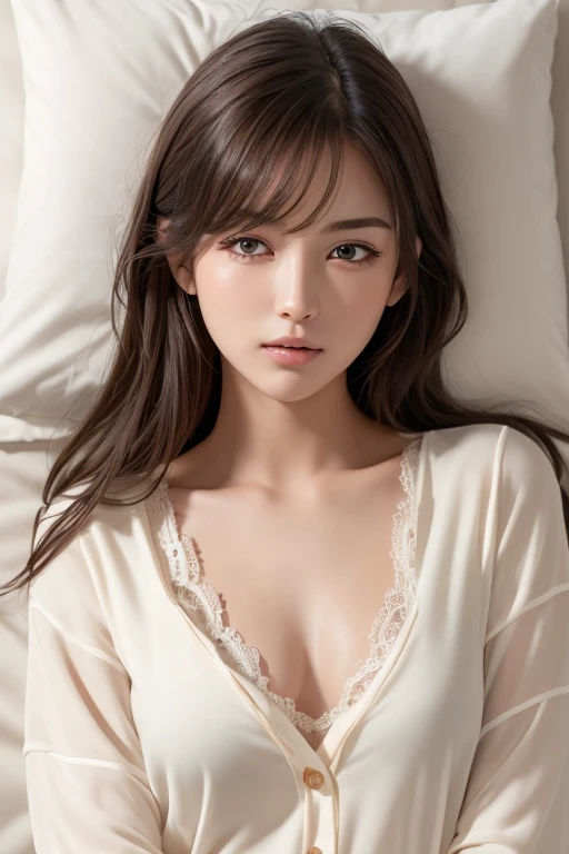 one girl, (a beauty girl, delicate girl:1.3), (18-year-old:1.3),
break, (Unbutton your pajamas:1.3、 Black Bra、White pajamas:1.2),
break, , (Symmetrical eyes:1.3),
break, (Lie down on the bed、Close ~ eyes、Bedroom:1.3), 
break, Small breasts, Brown eyes, Par...