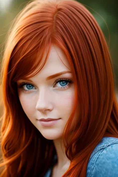 face of a young redhead woman looking to a camera