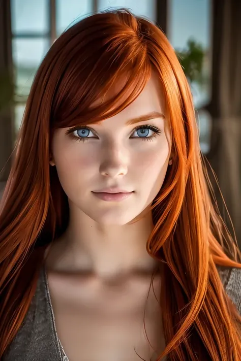 face of a young redhead woman looking to a camera