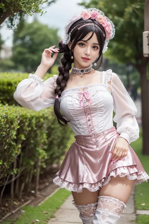 sexy stylish Spanish model, only 1 female, ((doll-like appearance)), long neon pink stylish hair, ((ultra detailed Victorian-Style boots)), beautiful smile, ultra detailed eyes, vivid eye makeup, lipgloss, long lashes, defined eyebrows, ((sexy Paradise Kis...