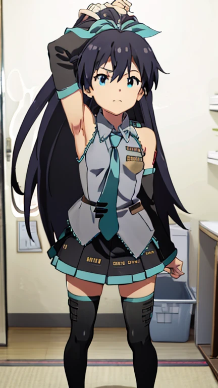 1girl, hibiki ganaha, miku outfit, sleeveless shirt, grey shirt, detached sleeves, necktie, arm tattoo, skirt, thighhighs, thigh boots