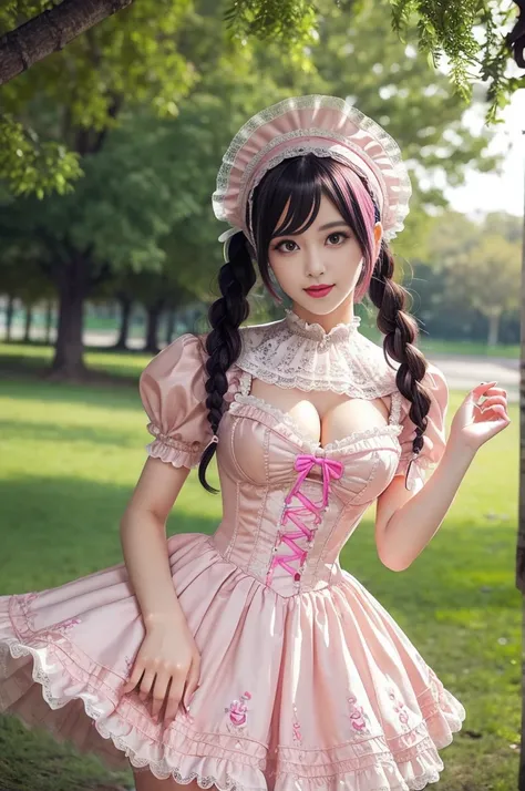 sexy stylish female model, only 1 female, ((doll-like appearance)), long neon pink stylish hair, ((ultra detailed Victorian-Style boots)), beautiful smile, ultra detailed eyes, vivid eye makeup, lipgloss, long lashes, defined eyebrows, ((sexy Paradise Kiss...