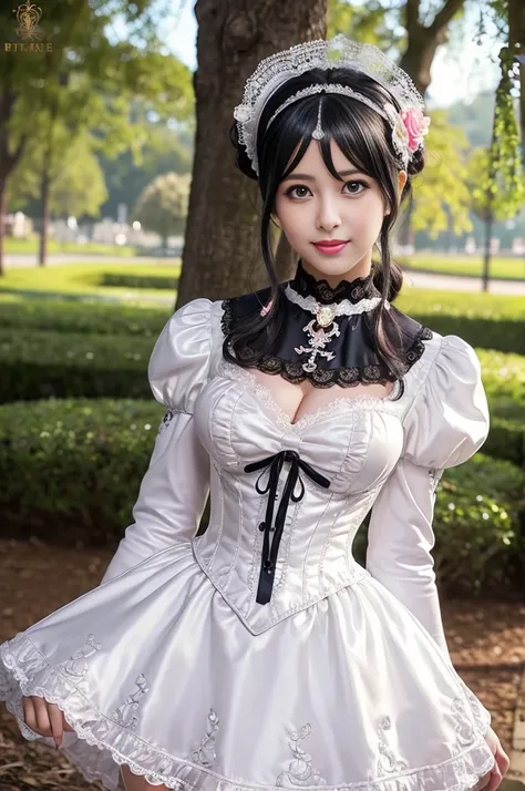 sexy stylish Swedish model, only 1 female, ((doll-like appearance)), ((shiny Victorian-Style boots)), beautiful smile, ultra detailed eyes, vivid eye makeup, lipgloss, long lashes, defined eyebrows, ((sexy Paradise Kiss cosplay)), bell-shaped skirt, pettic...