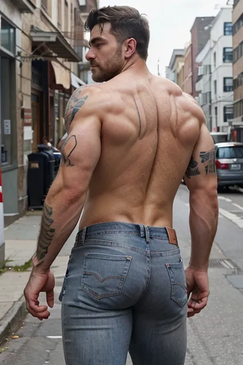 zeke_jaeger, full muscular body, street, hairy chest, ultra realistic,  hairy arms,  sweat, tattoos, ((Big butt)), gray jeans backside walking 