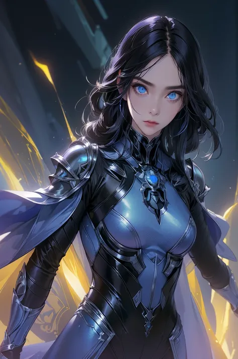 (((best quality,realistic:1.37))), (solo female), ((full-body)), long black hair, light blue eyes, emotionless expression, perfect face, purple+black+yellow bodysuit armor, amber glowing parts, sci-fi style, vibrant colors, futuristic lighting, detailed ha...