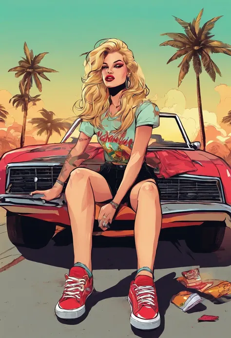 1girl, long blonde hair, laying back on car, black shorts, graphic t-shirt, sneakers, smoking cigarette, red lips, brown eyes