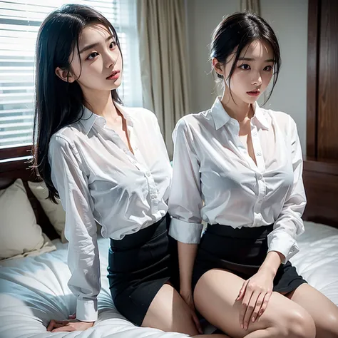 A Korean woman with a beautiful face, wearing a white shirt, so thin that the black bra can clearly be seen. Unbutton the top button. Wear a short black peat skirt. black sexy skirt Sit in a slightly bent position. On the bed in prison Highly detailed text...