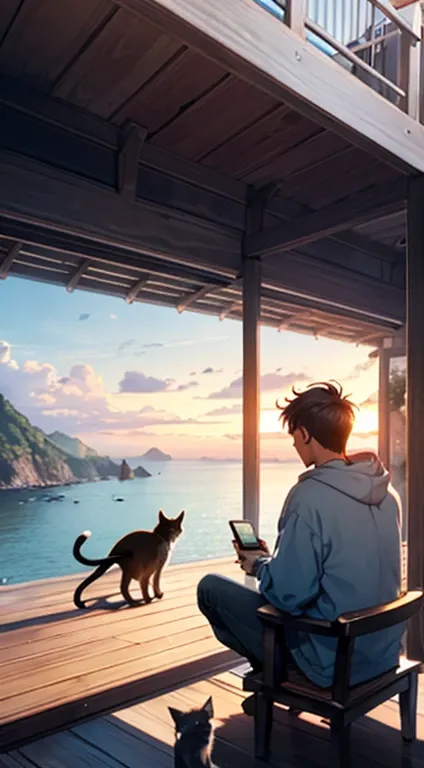 Dawn Morning、On a hill with a view of the sea、With one cat、While sitting in a rocking chair、Wearing a hoodie and  jeans pants、A man making coffee while looking out at the sea。back view