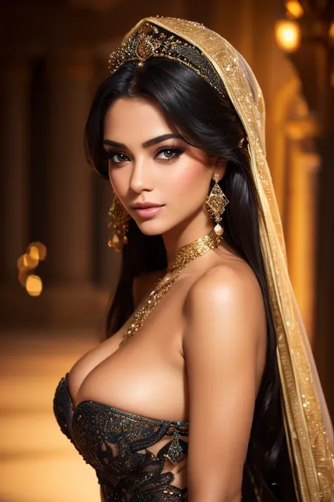 Princess Jasmine,25yo,feeling nsfw sensuous, topless, masterpiece:1.2,ultra-detailed,realistic,photorealistic:1.37,studio lighting,bokeh,vivid colors,beautiful detailed eyes,beautiful detailed lips,extremely detailed face,flowing black hair,sparkling jewel...