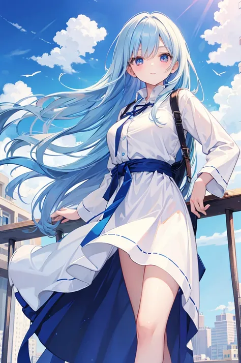 Beautiful girl angel with light blue hair　Red Eyes　Clear blue sky　White Feather　Overlooking the big city