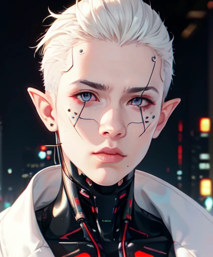 cyber_mark, facial mark, 1boy, cyborg, solo, closed mouth, portrait, nose, (cyberpunk style:1.3), medium intensity lighting, (bokeh:1.3), jealous facial expression, pear face, elf, elf ear, clean-shaven haircut, white hair, round eye shape, aquamarine eyes...