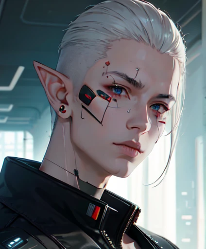 cyber_mark, facial mark, 1boy, cyborg, solo, closed mouth, portrait, nose, (cyberpunk style:1.3), medium intensity lighting, (bokeh:1.3), jealous facial expression, pear face, elf, elf ear, clean-shaven haircut, white hair, round eye shape, aquamarine eyes...