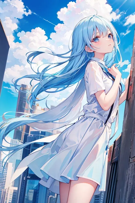 Beautiful girl angel with light blue hair　Red Eyes　Clear blue sky　White Feather　Overlooking the big city