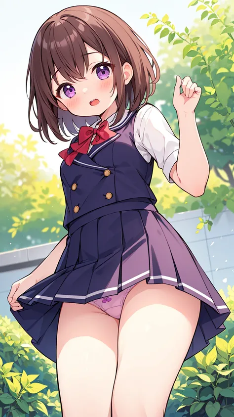 masterpiece,best quality,ultra detail, girl, short brown hair, purple eyes, short skirt, panties in sightsailor uniform,school garden, open mouth, shy, blush, detailed hands, detailed fingers, viewers view from below, (chibi:0.6), (chibi breast:0.6)