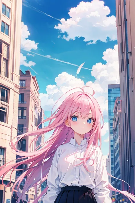 Pink haired beautiful angel　Blue Eyes　Clear blue sky　White Feather　Overlooking the big city