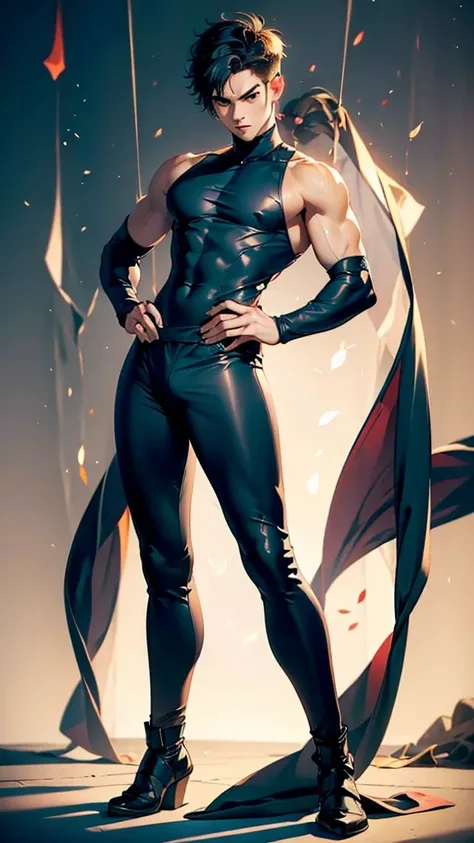 A boy having long legs, thick thighs, large hips, thin and narrow weist, big large feminine breasts, very small spikey boyish haircut, wearing sleeveless tight dress and leggings. Man, man 