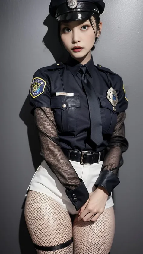 Female body set big breasts, wearing a female police uniform. Black Fishnet Stockings 