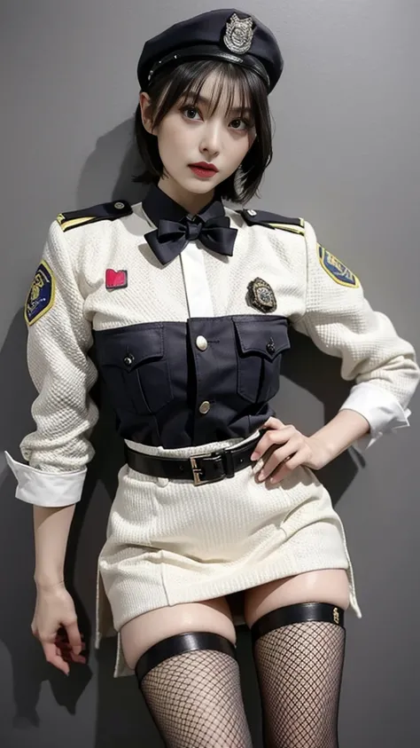 Female body set big breasts, wearing a female police uniform. Black Fishnet Stockings 