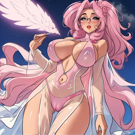 (masterpiece, best quality:1.2), cowboy shot, (solo), (1girl):1.5, glasses, long fluffy pink hair, hair blowing, gorgeous body, wide hips, slight smile, ((very sexy and transparent (white nigthdress)) with exposed navel), musculous belly, gorgeous huge bre...