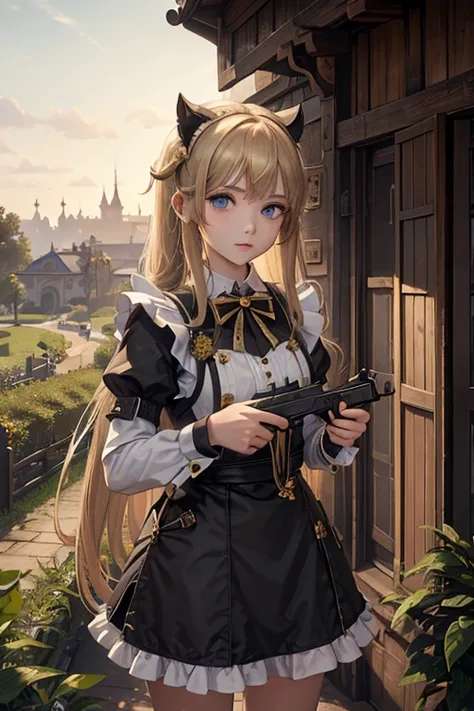 (8k, highest quality, Tabletop:1.2)、Ultra-high resolution, 14-year-old girl, Perfect Fingers, Detailed face, blue eyes, blonde, Straight hair, Long Hair, Black maid outfit,  Western-style building、garden、Pistol、Ready your Pistol