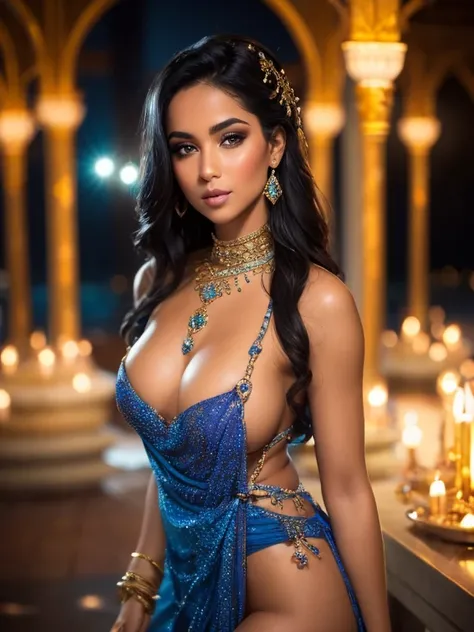 Princess Jasmine,25yo,feeling nsfw sensuous, topless, masterpiece:1.2,ultra-detailed,realistic,photorealistic:1.37,studio lighting,bokeh,vivid colors,beautiful detailed eyes,beautiful detailed lips,extremely detailed face,flowing black hair,sparkling jewel...