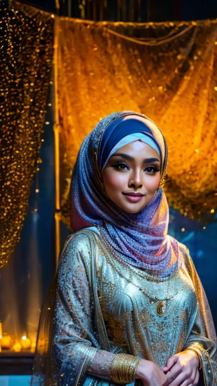 A Malay goddess in a hijab and a gold lace veil, night, full moon,  stars, fireflies, ((ultra sharp, high quality, masterpiece)), detailed detail, 