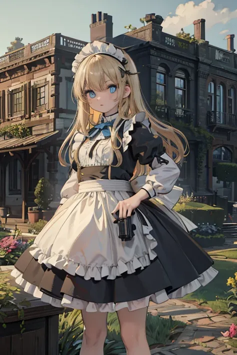 (8k, highest quality, Tabletop:1.2)、Ultra-high resolution, 14-year-old girl, Perfect Fingers, Detailed face, blue eyes, blonde, Straight hair, Long Hair, Black maid outfit,  Western-style building、garden、Pistol、Ready your Pistol