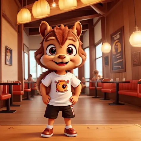 Create the image of an adorable squirrel named Theozinho, cute, charming, with a fluffy tail, big ears, bright, captivating eyes and a charming smile. Biting into a hamburger at a restaurant called Digão, he is wearing black shorts and a Flamengo club shir...