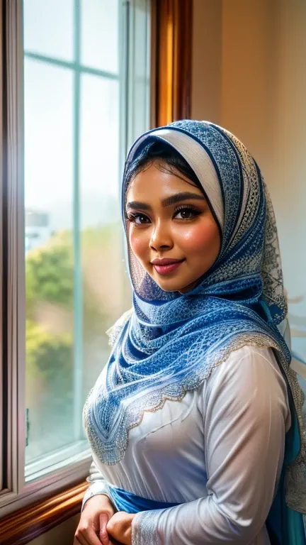 A Malay goddess in a white hijab and a blue lace veil, looking out of the window, bright day, sunrise, ((ultra sharp, high quality, masterpiece)), detailed detail, close up,