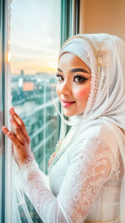 a malay goddess in a white bridal hijab and a white lace veil, looking out of the window, bright day, sunrise, ((ultra sharp, hi...