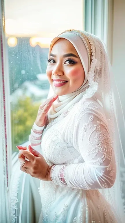 a malay goddess in a white bridal hijab and a white lace veil, looking out of the window, bright day, sunrise, ((ultra sharp, hi...