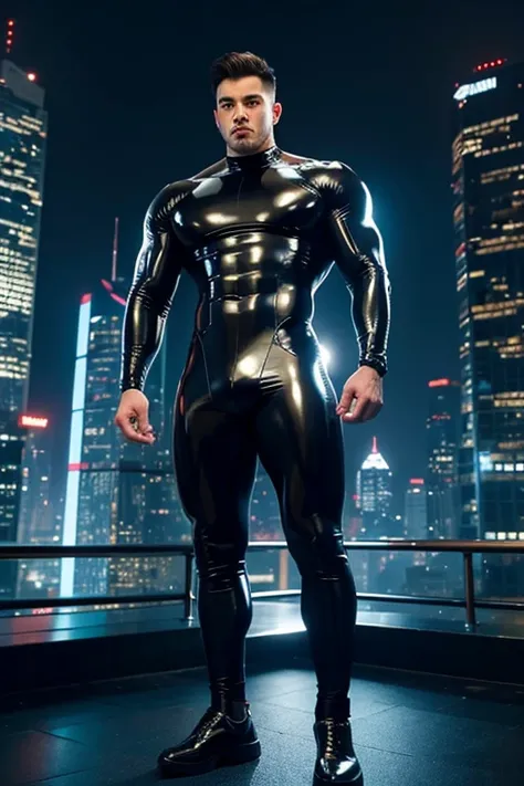 Young man, handsome, muscular, full-body latex, futuristic city by night, big pecs, big ass