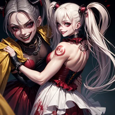 tattoo girl, very beautiful, murderous, Harley Quinn, crazed look, dark background, 8K, dynamic wallpaper, very delicate, very dense, creepy smile, close up to camera, yellow prom dress with blood splotches on the dress, prom background, back turned 