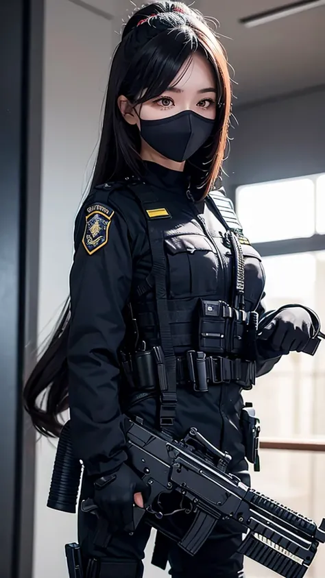 Police soldier woman, swat vest, black gloves, swat helmet head, behind long hair, ninja full mask, grip assault ak74,