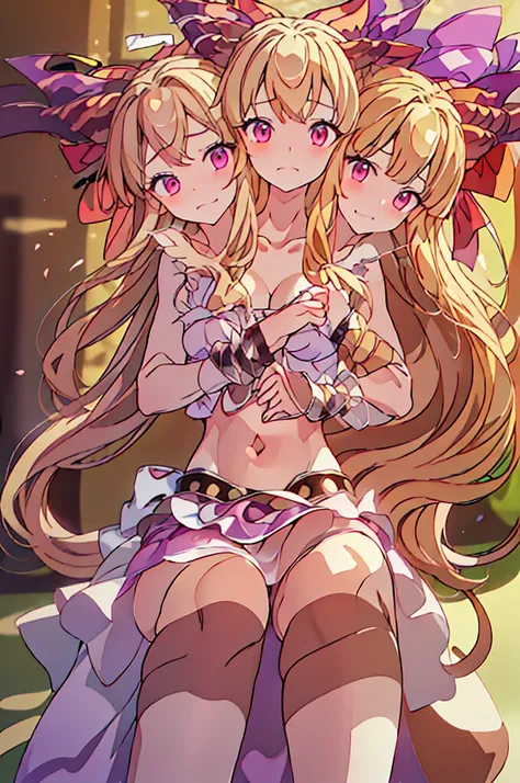 (masterpiece, best quality), best quality, (ultra-detailed), (3heads:1.5), 1girl, (suika ibuki:1.3), masterpiece, (best quality:1.5, highres, UHD), highres, absurdo, ultra detail, ultra quality, Ultra resolution, tattered pale pink top, crop top, ((stomach...