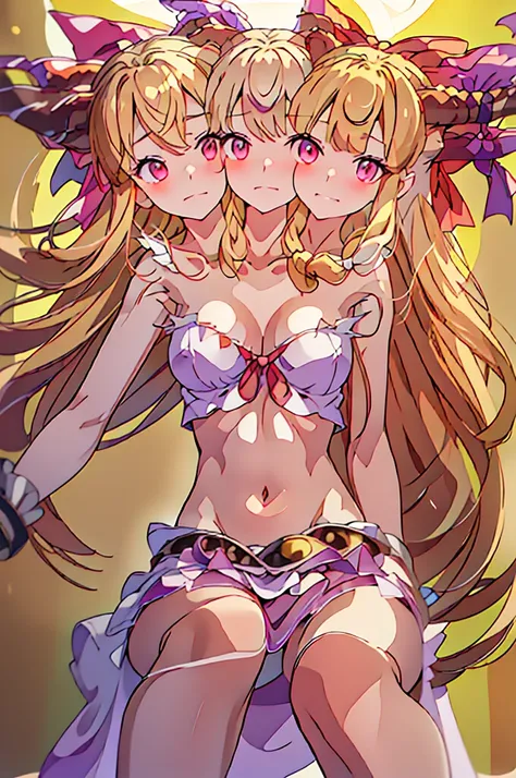 (masterpiece, best quality), best quality, (ultra-detailed), (3heads:1.5), 1girl, (suika ibuki:1.3), masterpiece, (best quality:1.5, highres, UHD), highres, absurdo, ultra detail, ultra quality, Ultra resolution, tattered pale pink top, crop top, ((stomach...